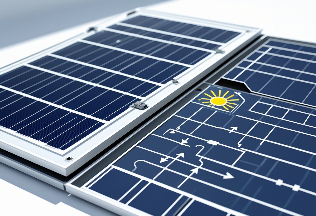 Güneş paneli yapısı ve çalışma prensibini gösteren, güneş ışığını elektrik enerjisine dönüştüren bir güneş paneli ve bileşenleri.